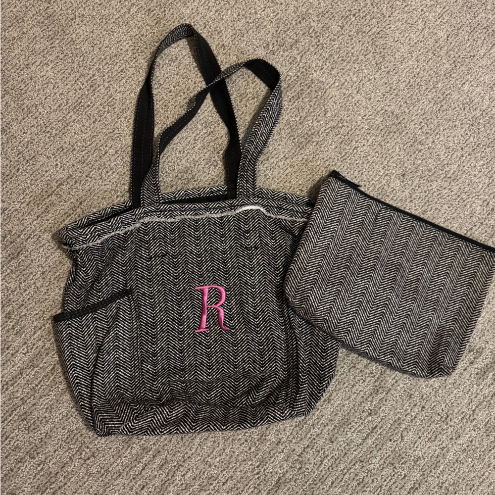 Thirty One Stylish Black and White Tote Bag with Pink Monogram R